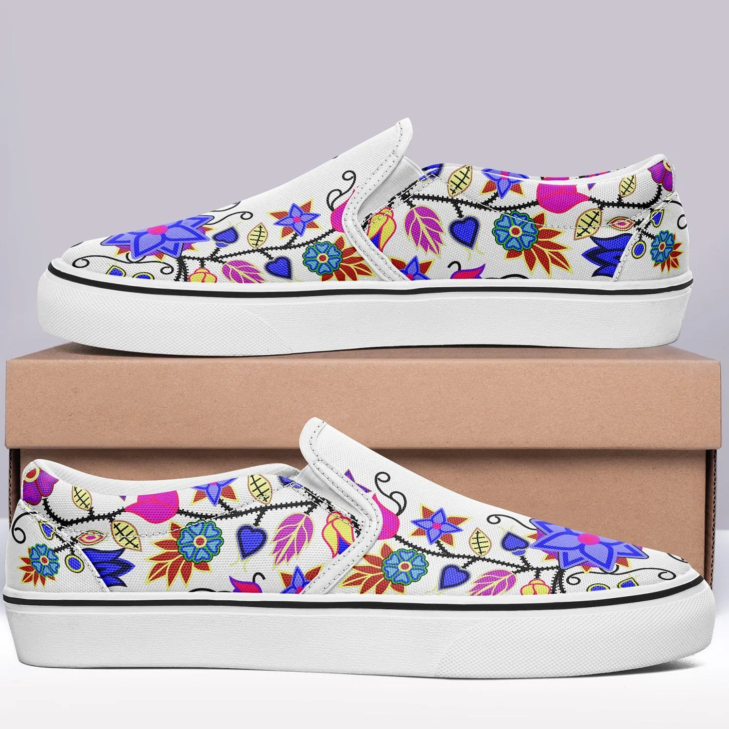 Floral Beadwork Seven Clans White Otoyimm Kid's Canvas Slip On Shoes