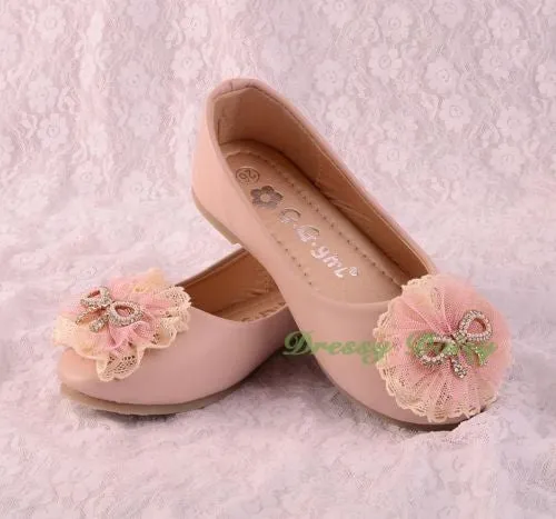 GS014 Lace Lather Ballet Slipper Shoes US Size 8.5-1.5 Flower Girl Pageant Party