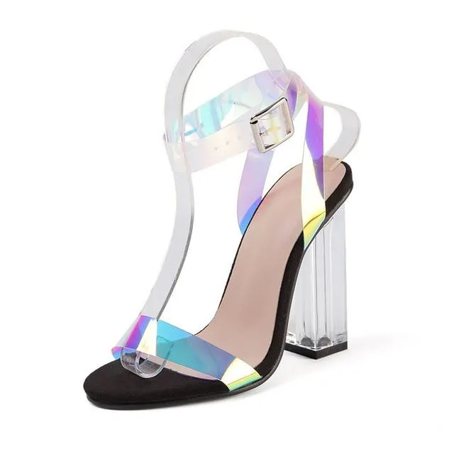 High Quality 2019 PVC Clear Transparent Strappy Buckle Sandals Women Sandals Shoes Celebrity Wearing Simple Style High Heels