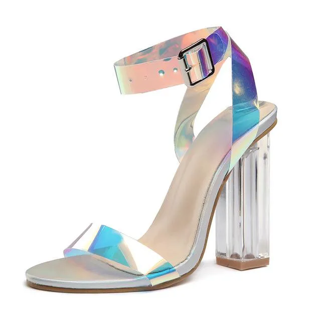 High Quality 2019 PVC Clear Transparent Strappy Buckle Sandals Women Sandals Shoes Celebrity Wearing Simple Style High Heels