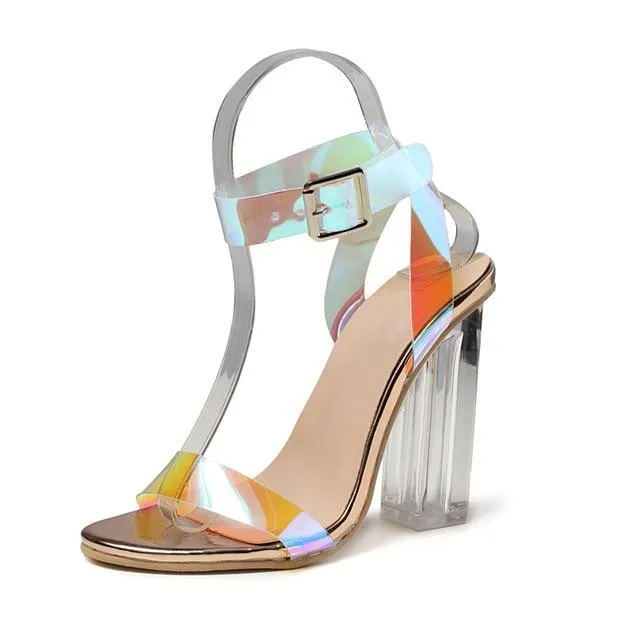 High Quality 2019 PVC Clear Transparent Strappy Buckle Sandals Women Sandals Shoes Celebrity Wearing Simple Style High Heels