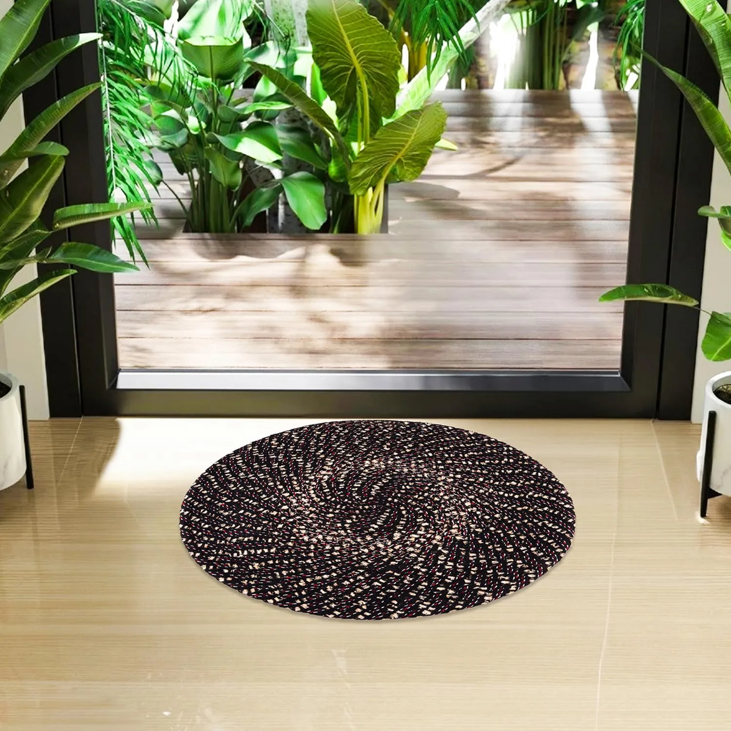 Kuber Industries Door Mat | Round Shape Feather Door Mat | Cotton Reversible Mat | Door Mat for Kitchen | Door Mat for Home | 16 Inch | Small | Pack of 2 | Brown