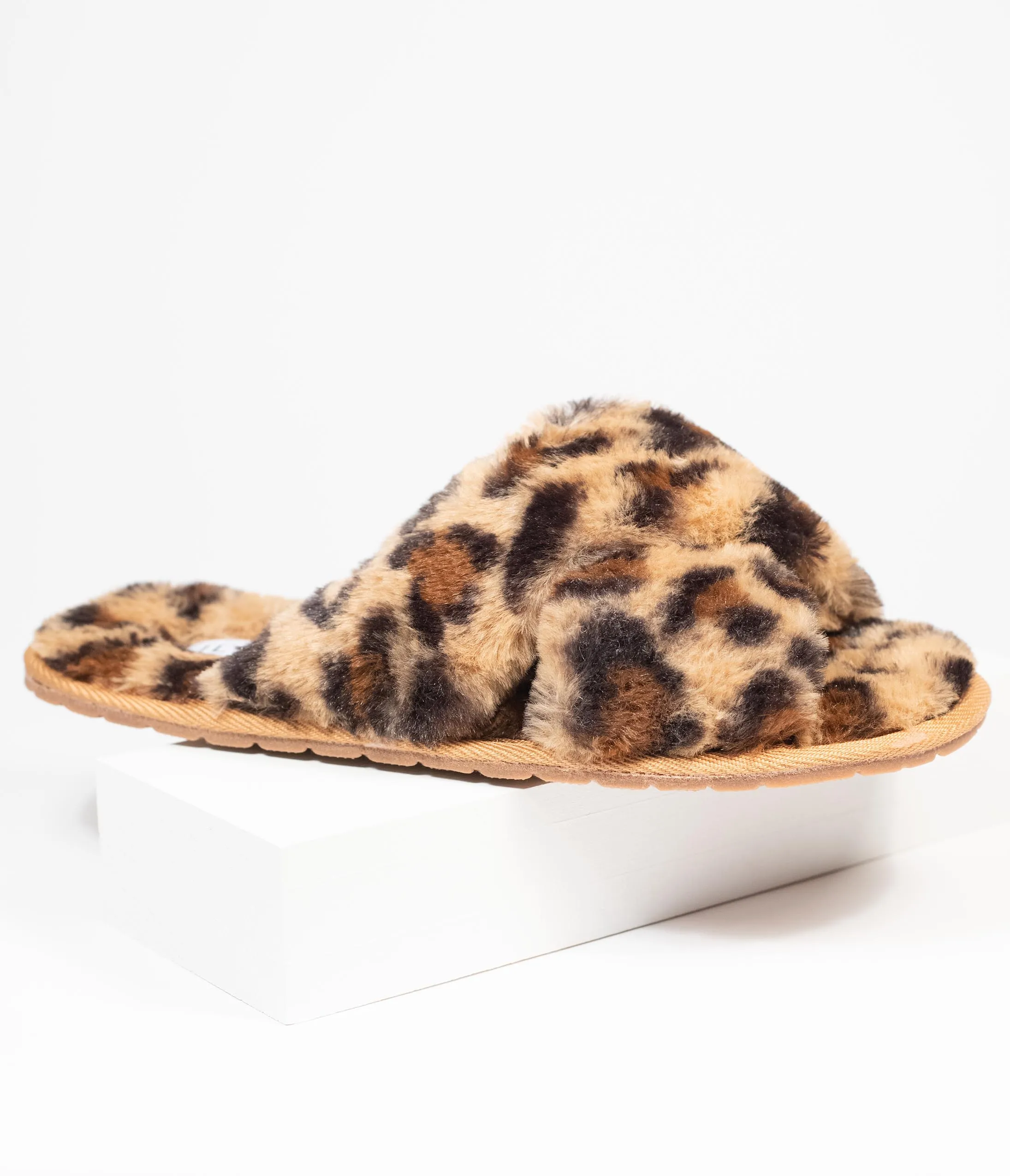 Leopard Fuzzy Cross Strap Slippers