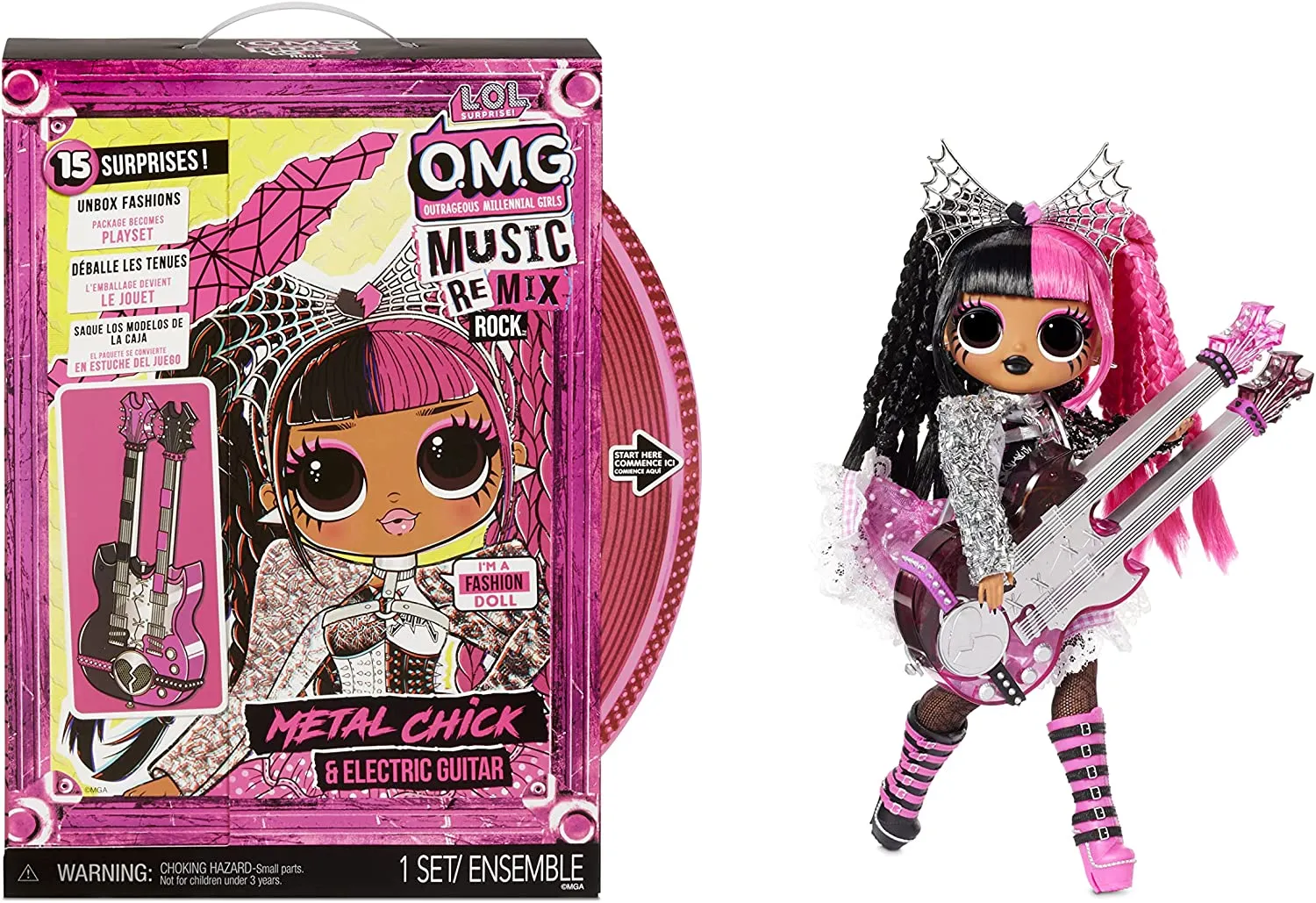 LOL Surprise OMG Remix Rock Metal Chick Fashion Doll with 15 Surprises Including Electric Guitar, Outfit, Shoes, Stand, Lyric Magazine & Record Player Playset