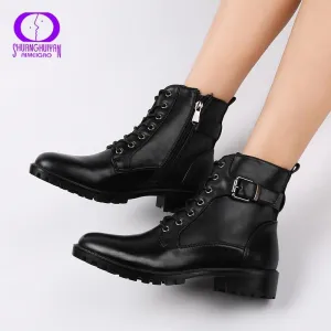 New Fashion European-Style Black Ankle Boots Flats Round Toe Black Zip Martin Boots PU Leather Woman Shoes With Warm Plush