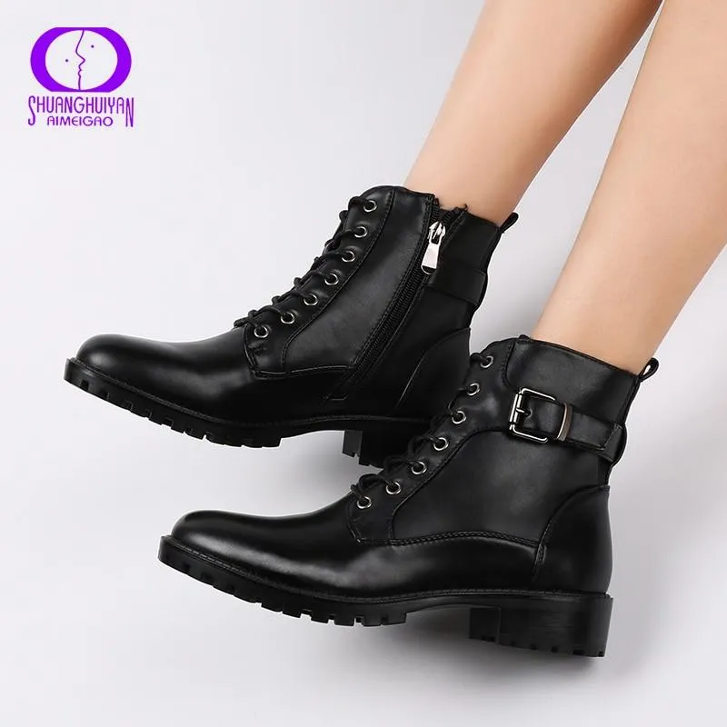 New Fashion European-Style Black Ankle Boots Flats Round Toe Black Zip Martin Boots PU Leather Woman Shoes With Warm Plush