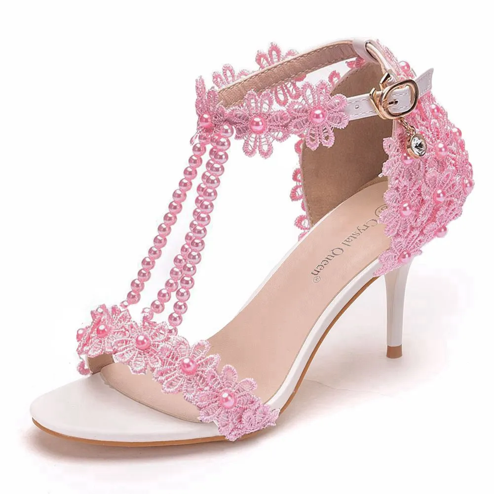 One Strap Beaded Lace Flowers Wedding Shoes High-heeled Sandals