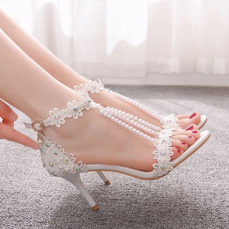 One Strap Beaded Lace Flowers Wedding Shoes High-heeled Sandals