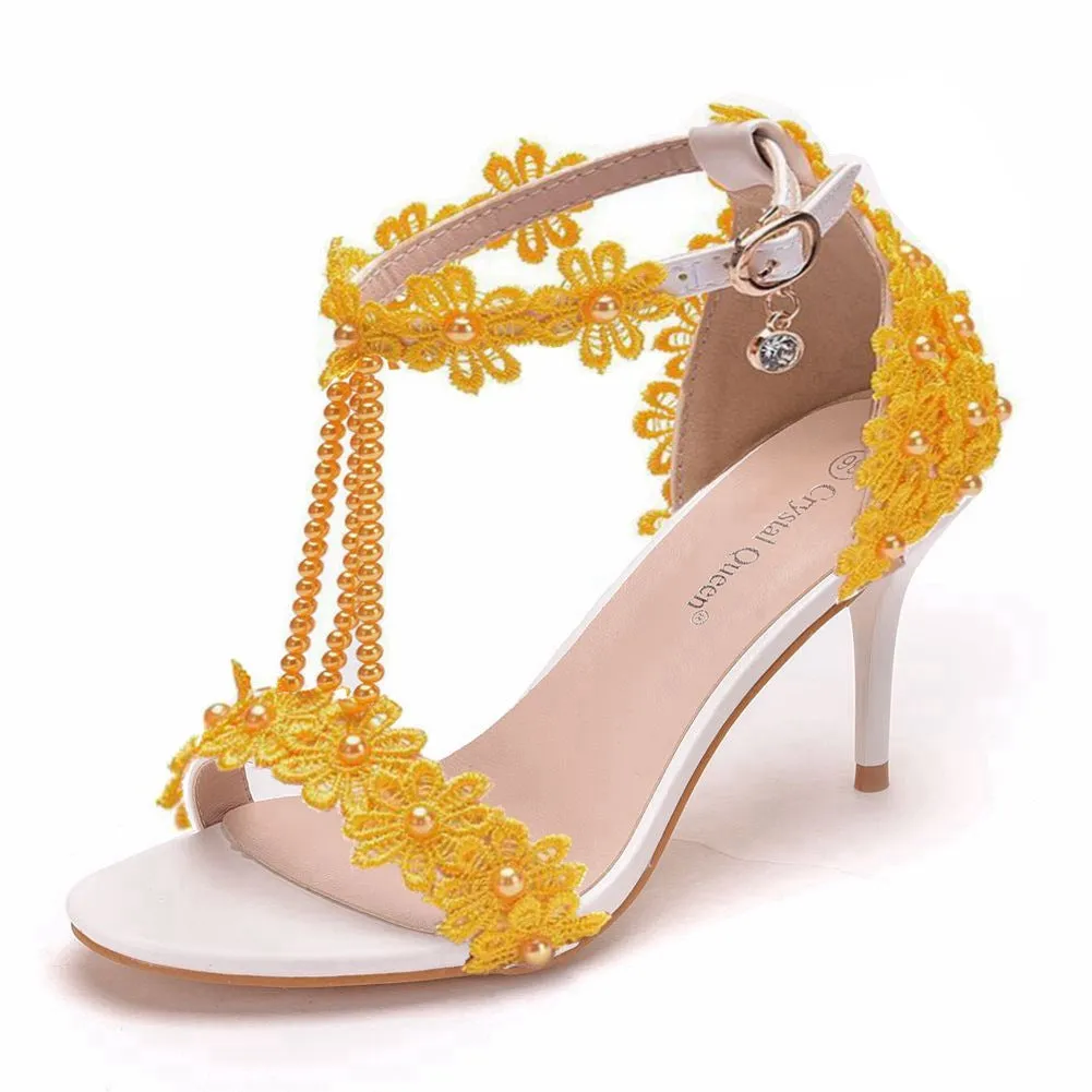 One Strap Beaded Lace Flowers Wedding Shoes High-heeled Sandals