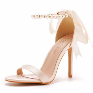 Open Toe Bow & Faux Pearl Satin Ankle Strap Stiletto