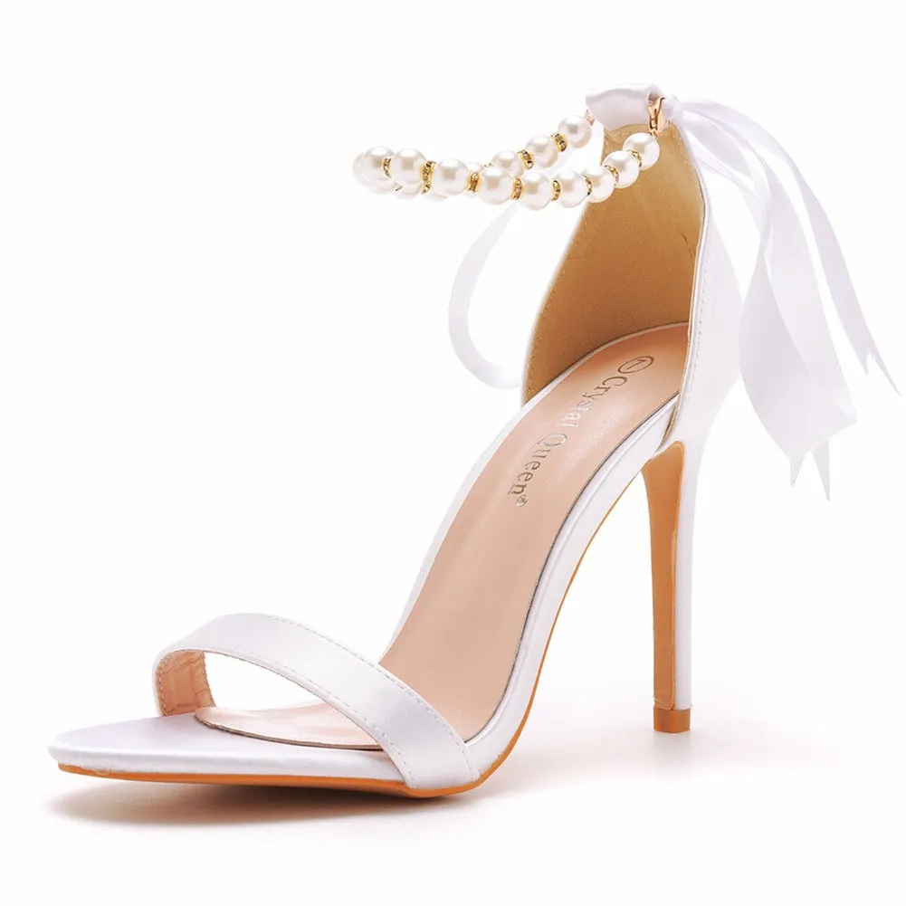 Open Toe Bow & Faux Pearl Satin Ankle Strap Stiletto