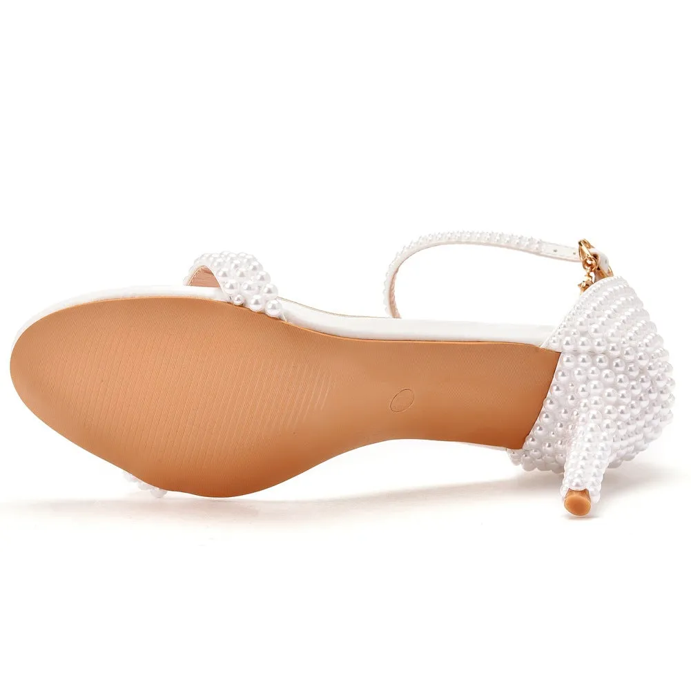 Open Toe Pearl Ankle Strap Wedding High Heel