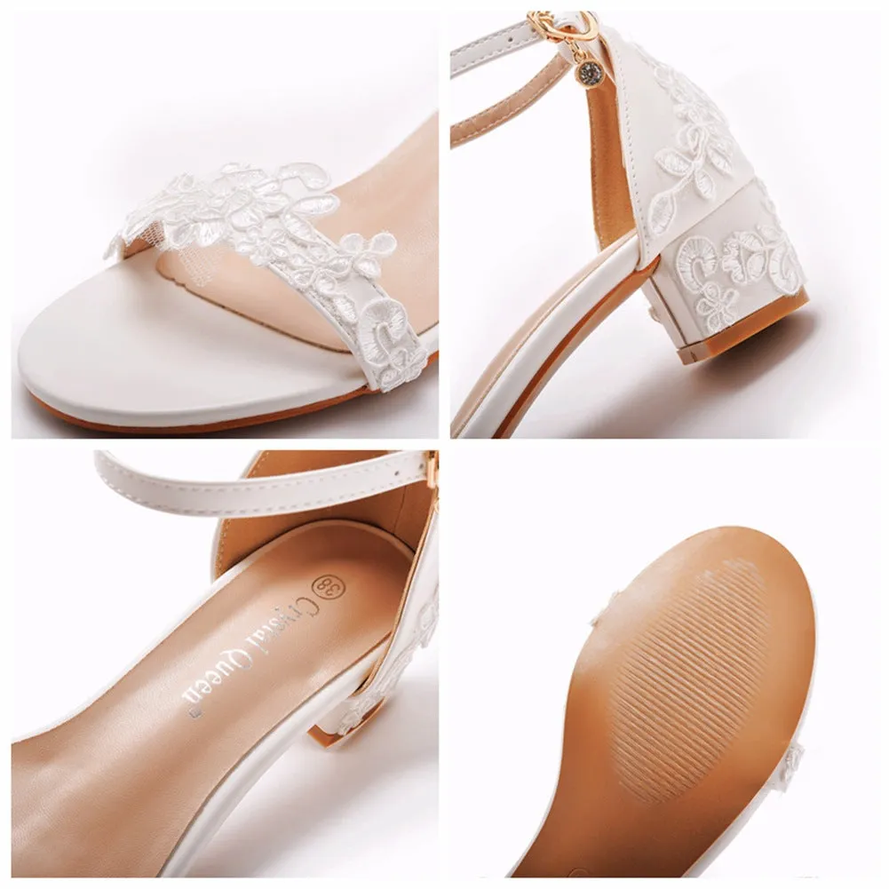 Open Toe White Lace Flowers Block Heels Ankle-Strap Pumps