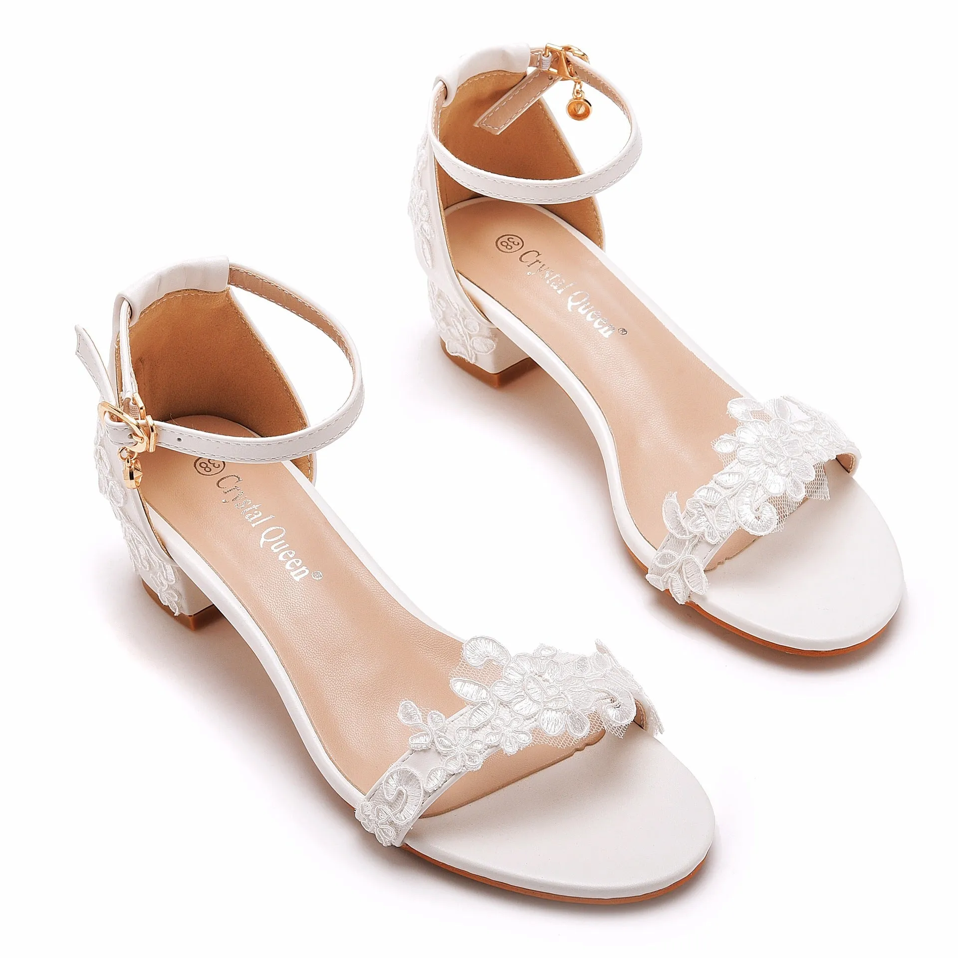 Open Toe White Lace Flowers Block Heels Ankle-Strap Pumps