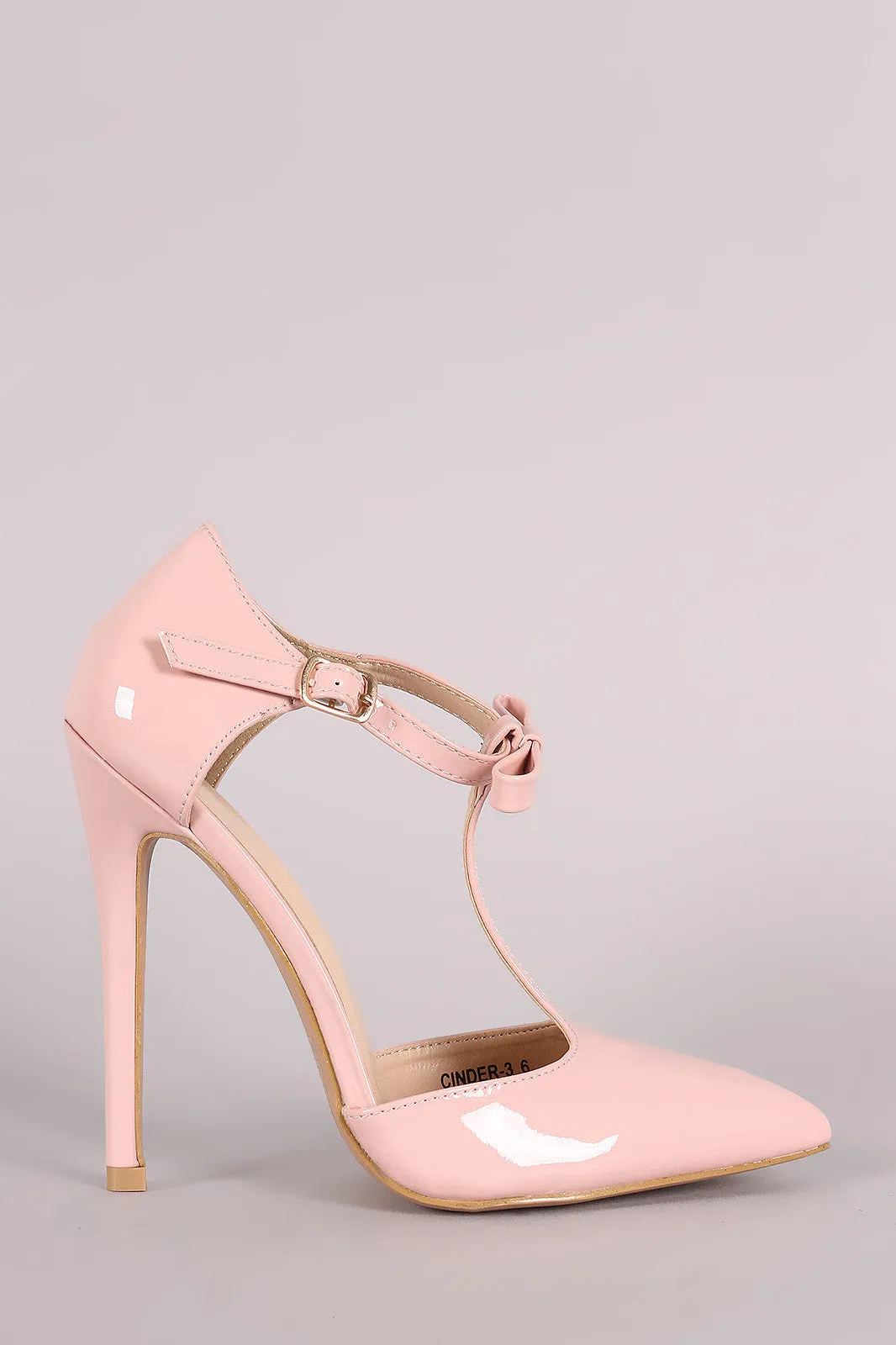 Patent Bow T-Strap Pointy Toe Stiletto Pump