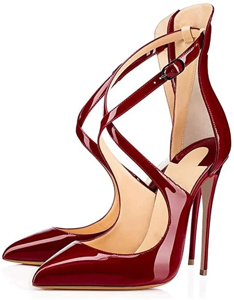 Patent Leather Cross Over Strap 12cm High Heel Pumps