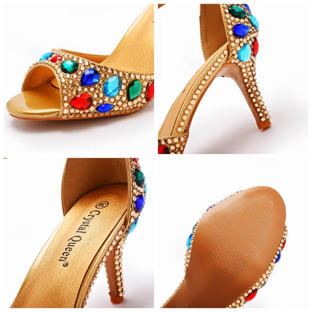 Peep Toe Colorful Rhinestone Decor Ankle-Strap High Heels