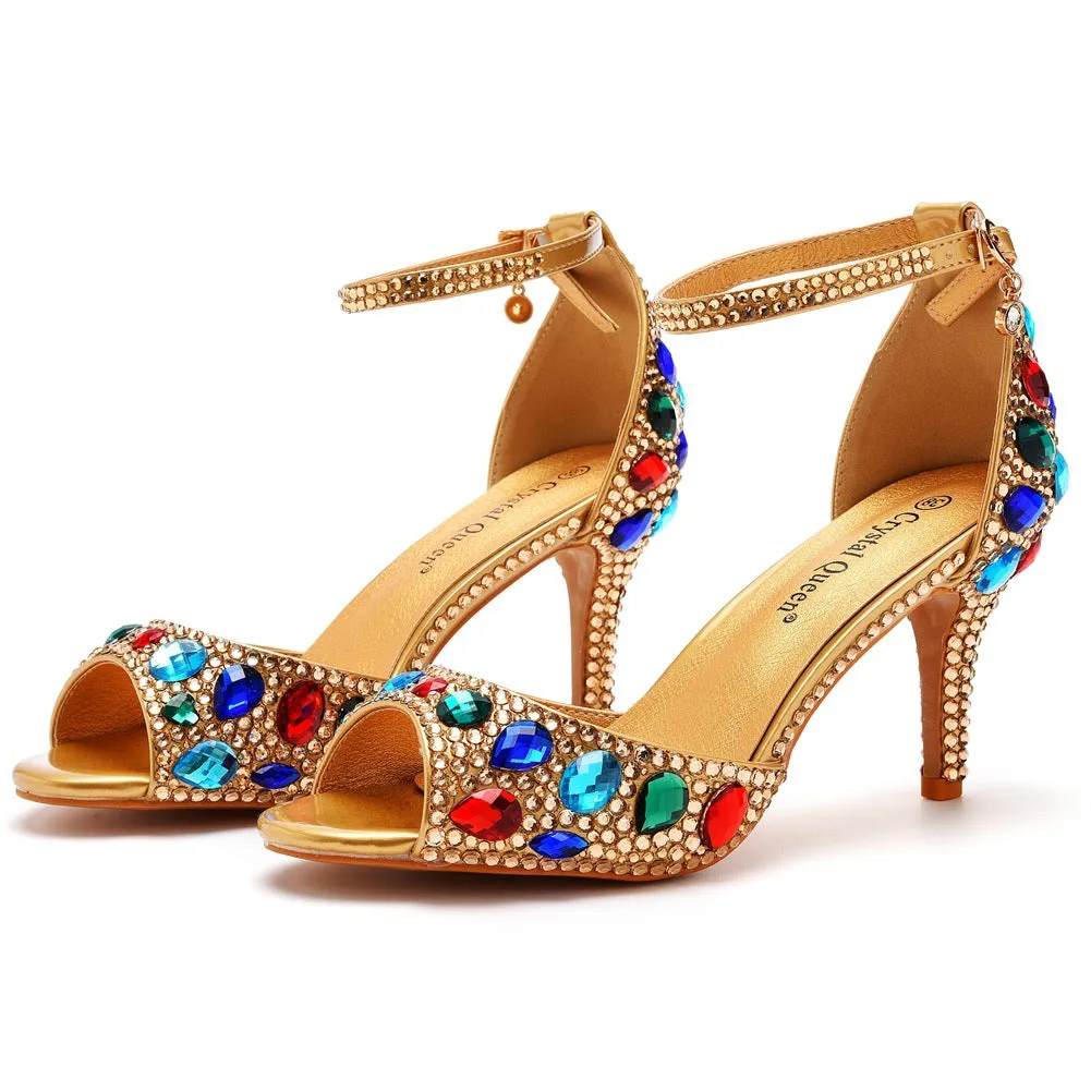 Peep Toe Colorful Rhinestone Decor Ankle-Strap High Heels