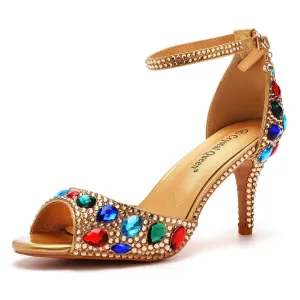 Peep Toe Colorful Rhinestone Decor Ankle-Strap High Heels