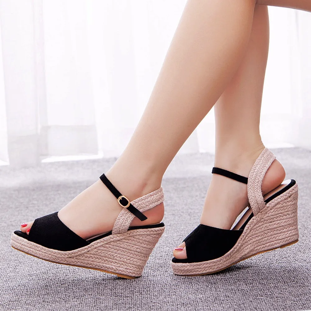 Peep Toe Espadrille Buckle Strap Wedge Sandals