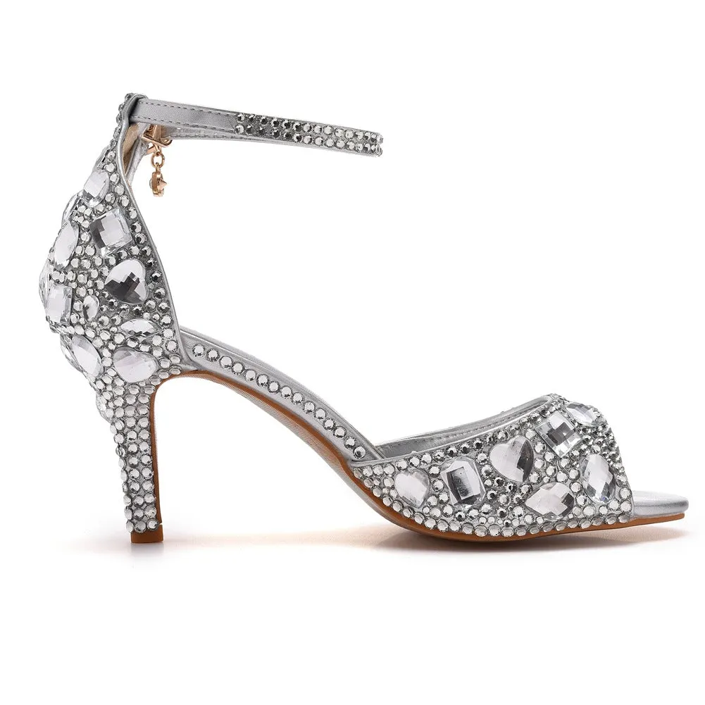 Peep Toe Rhinestone Decor Ankle-Strap High Heels