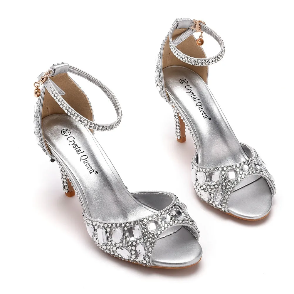 Peep Toe Rhinestone Decor Ankle-Strap High Heels