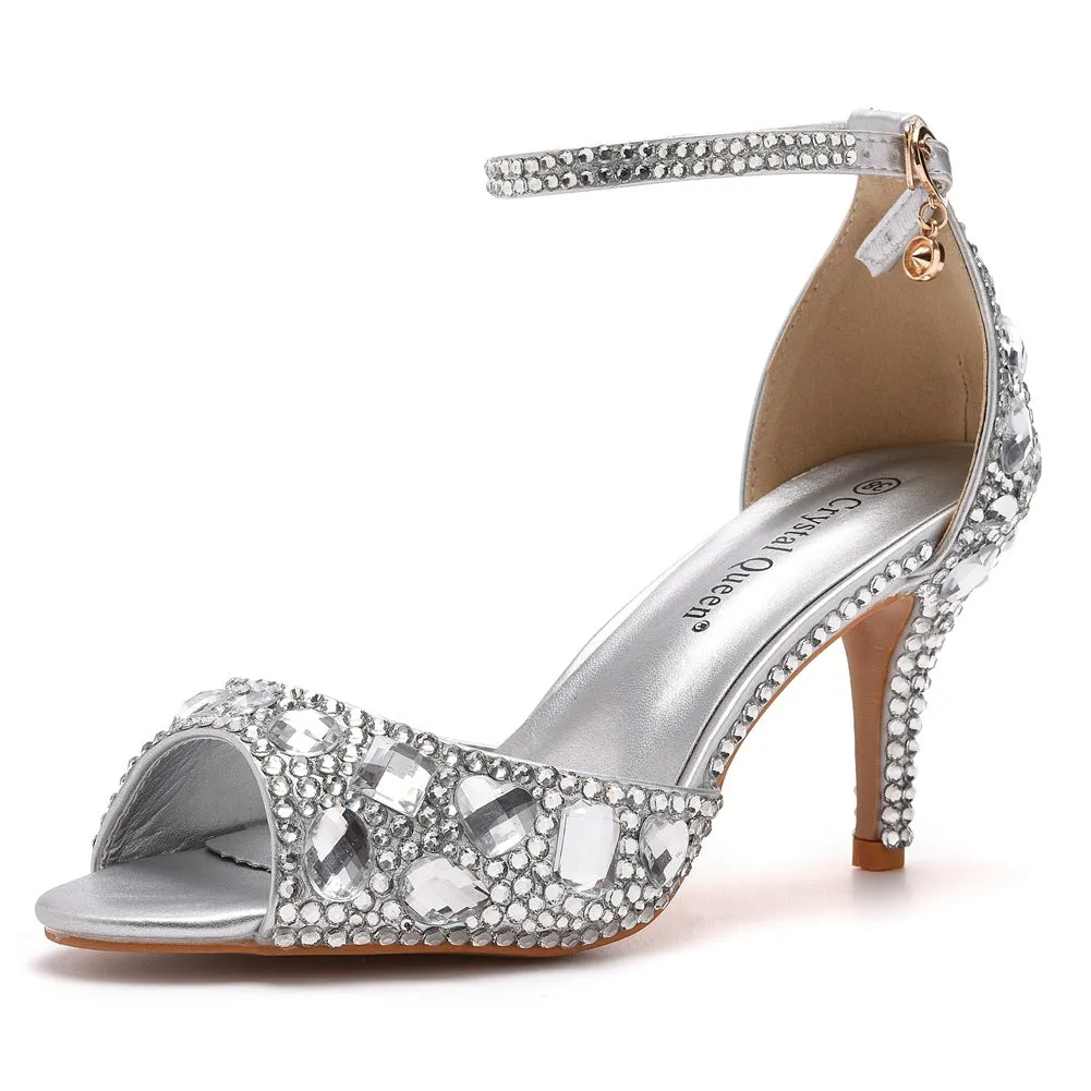 Peep Toe Rhinestone Decor Ankle-Strap High Heels