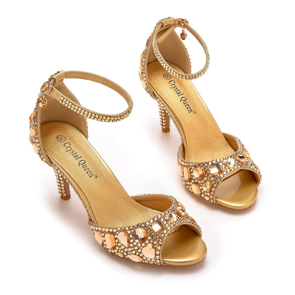 Peep Toe Rhinestone Decor Ankle-Strap High Heels