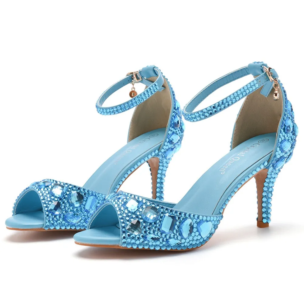 Peep Toe Rhinestone Decor Ankle-Strap High Heels