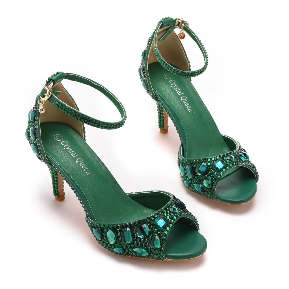 Peep Toe Rhinestone Decor Ankle-Strap High Heels