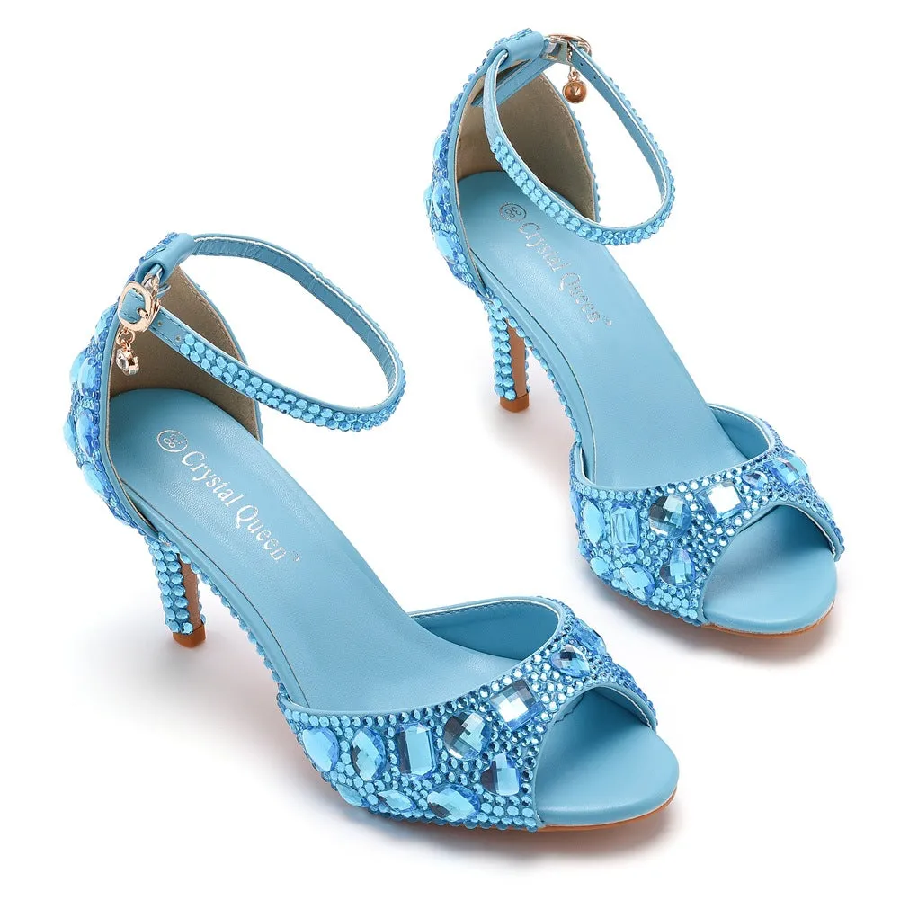 Peep Toe Rhinestone Decor Ankle-Strap High Heels