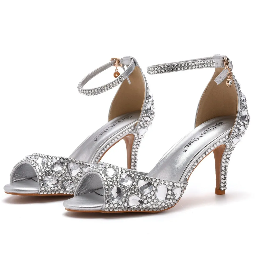 Peep Toe Rhinestone Decor Ankle-Strap High Heels