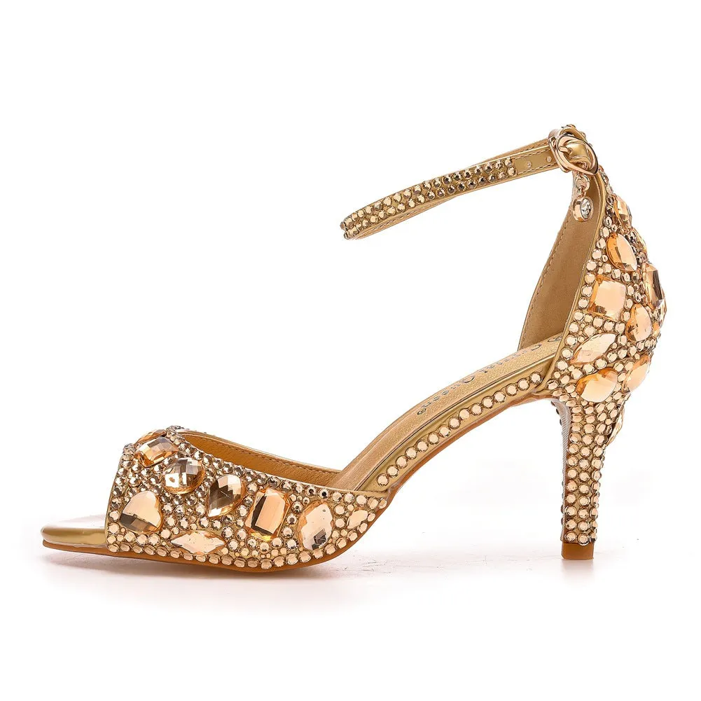 Peep Toe Rhinestone Decor Ankle-Strap High Heels