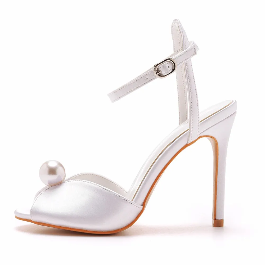 Peep Toe Satin Pearl Ankle Strap Buckle Ultra High Heels