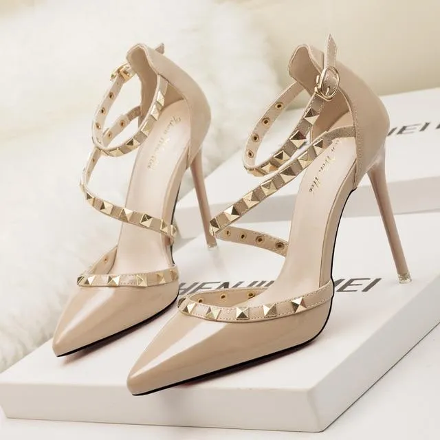 POADISFOO  simple sexy nightclubs high-heeled shallow mouth pointed rivets women's shoes  Ankle Strap High Heel Shoes .ZWM-1138