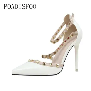 POADISFOO  simple sexy nightclubs high-heeled shallow mouth pointed rivets women's shoes  Ankle Strap High Heel Shoes .ZWM-1138