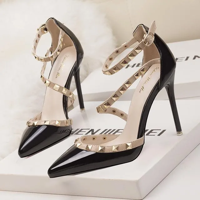 POADISFOO  simple sexy nightclubs high-heeled shallow mouth pointed rivets women's shoes  Ankle Strap High Heel Shoes .ZWM-1138