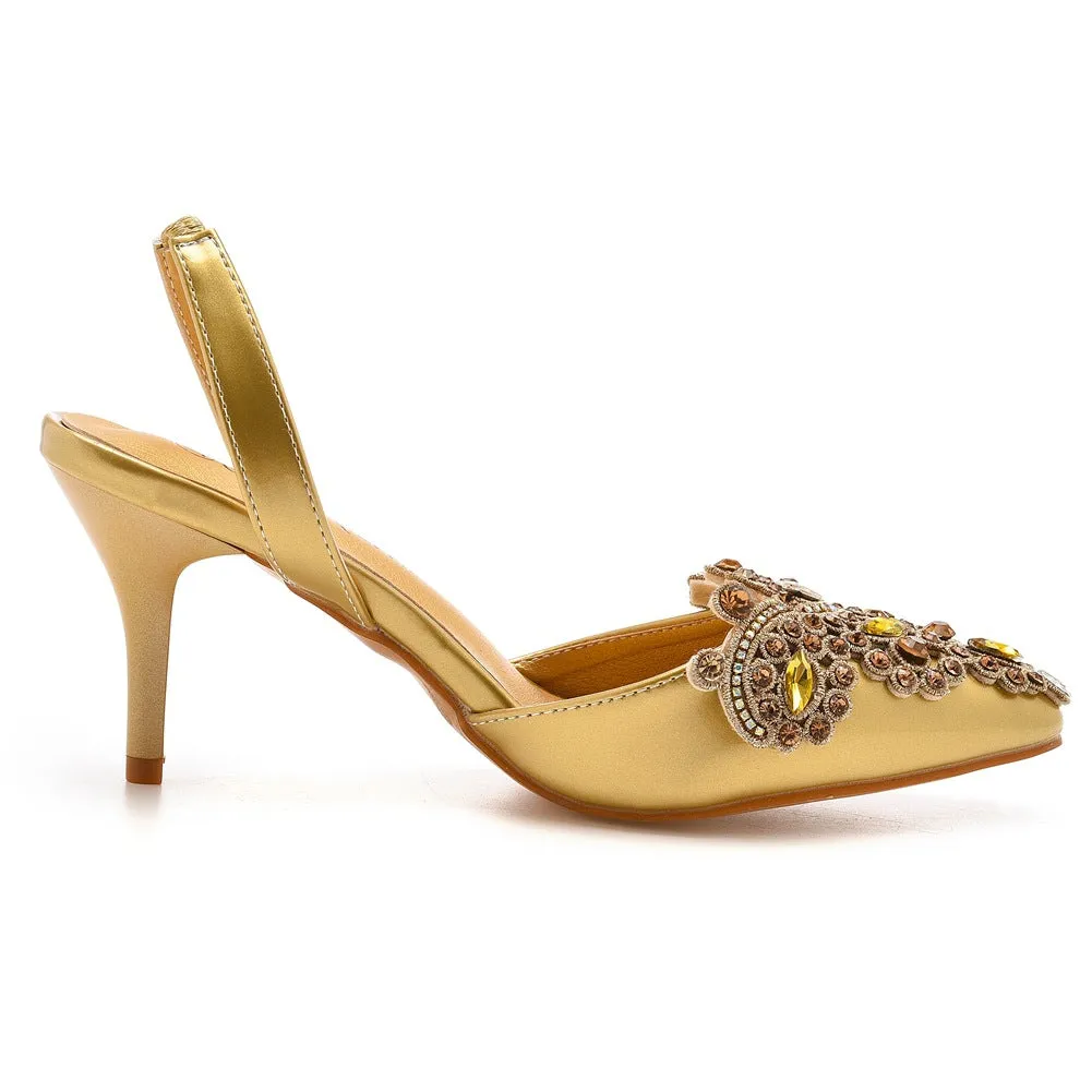 Pointed Toe Classic Rhinestone Flower Slingback High Heels