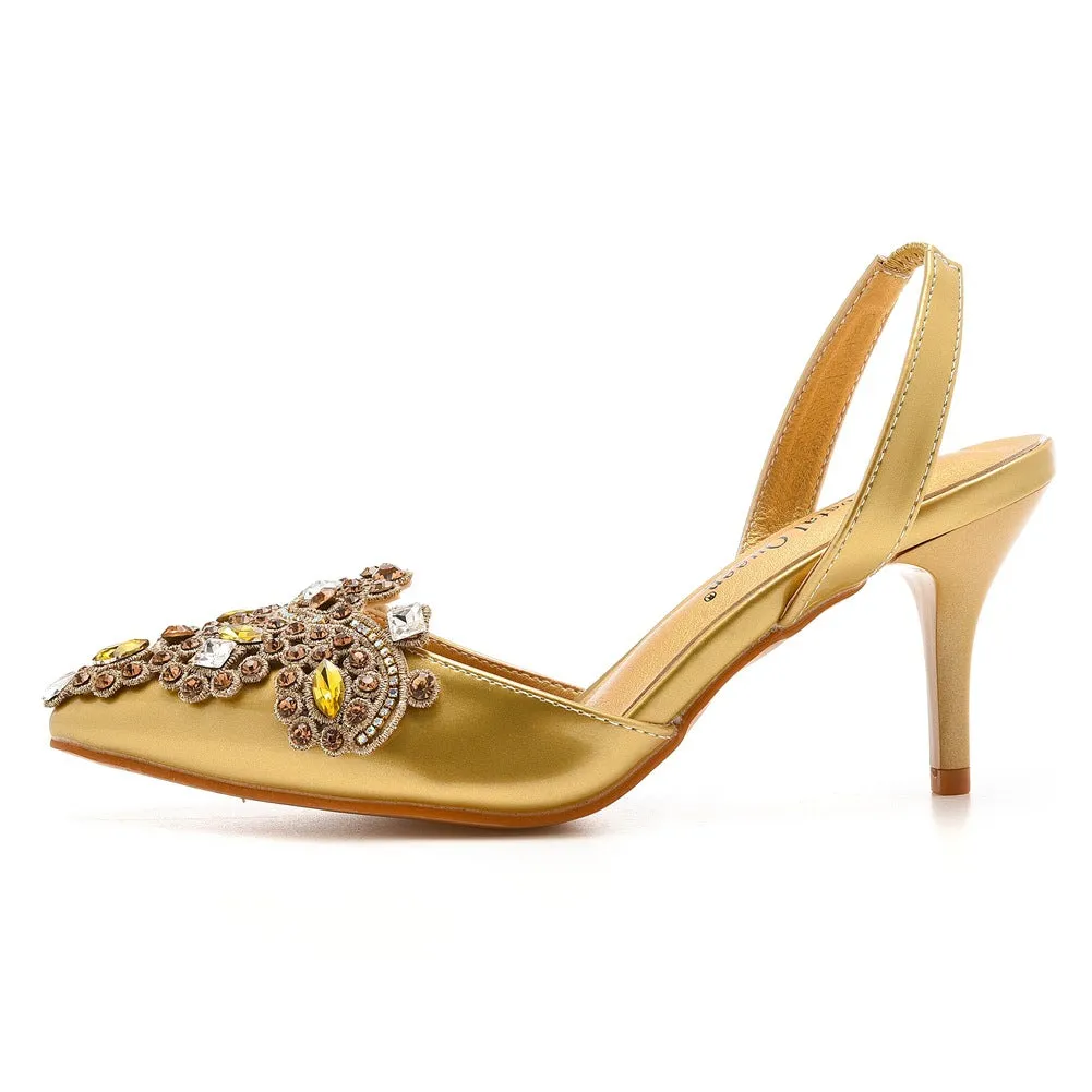 Pointed Toe Classic Rhinestone Flower Slingback High Heels