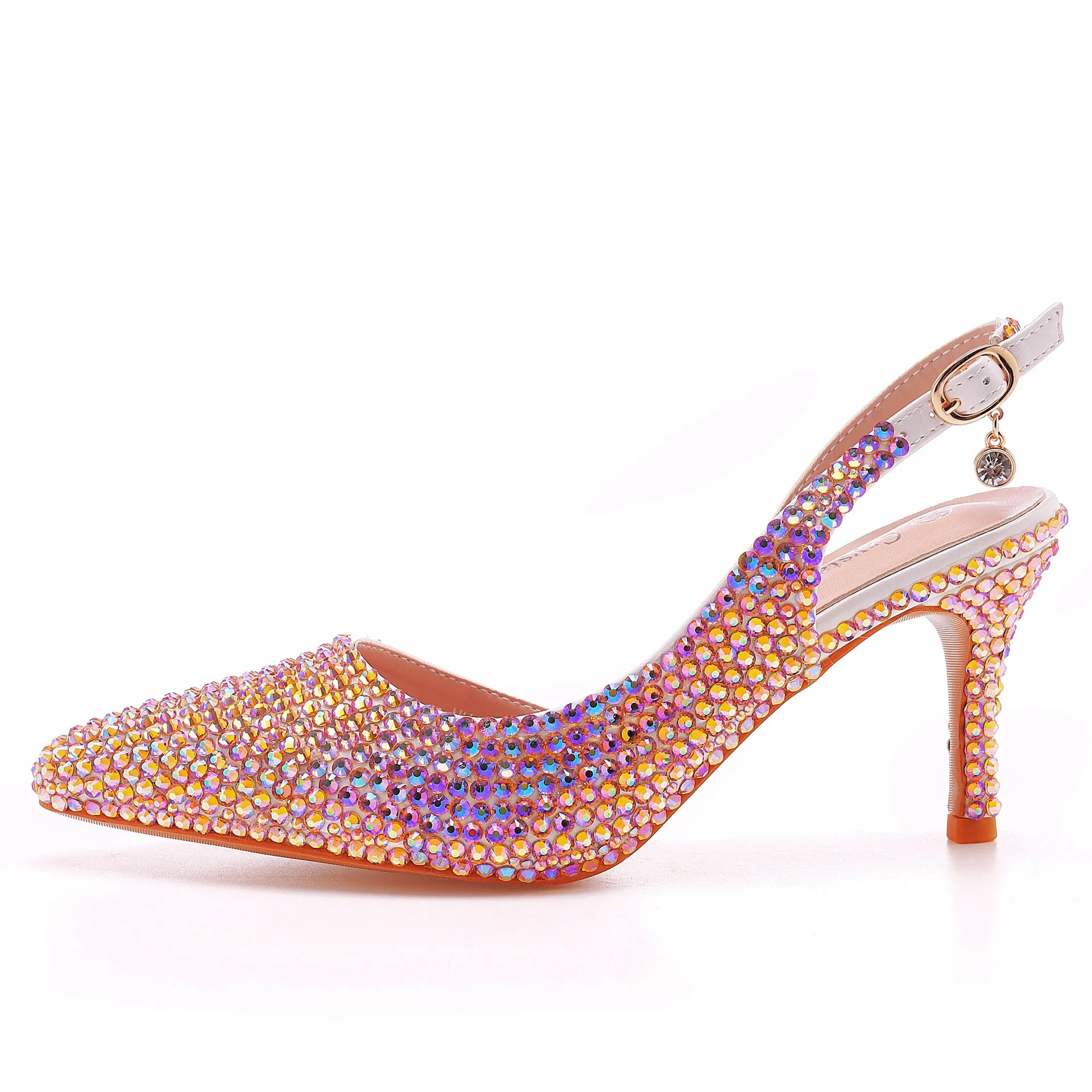 Pointed-Toe Colored Rhinestone Slingback High Heels