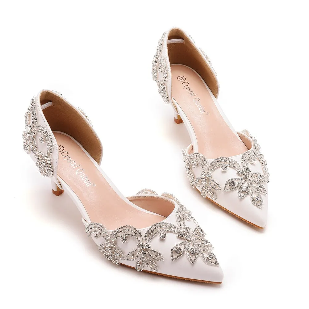 Pointed Toe Mid Cutout Two-Piece Rhinestone Slip On Kitten Heels