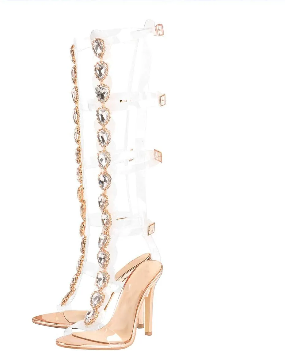 "Yolkomo Women's Stunning Rhinestone-Embellished Clear Strappy Gladiator Stiletto Heels with Chic Ankle Strap"