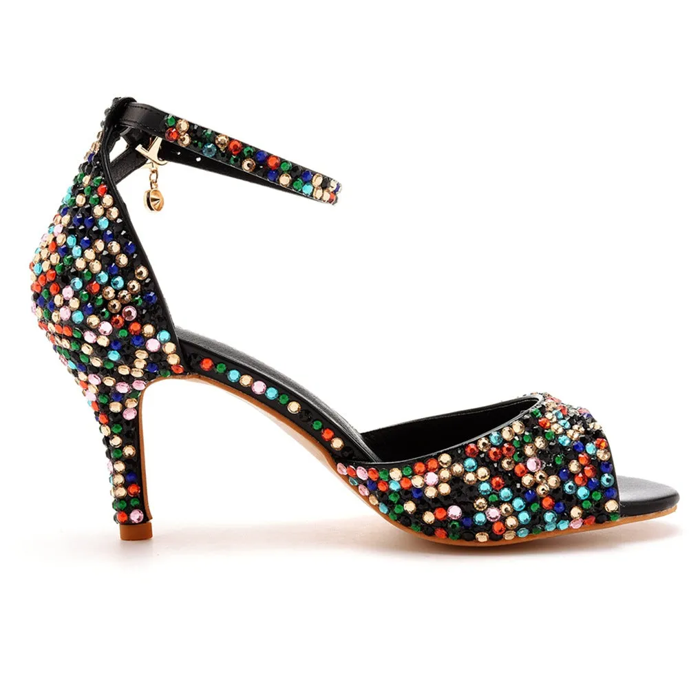 Rhinestone Shallow Peep Toe Ankle Strap High Heel Sandals