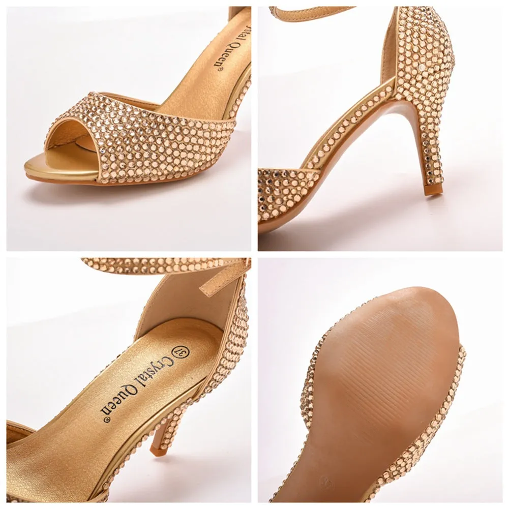 Rhinestone Shallow Peep Toe Ankle Strap High Heel Sandals