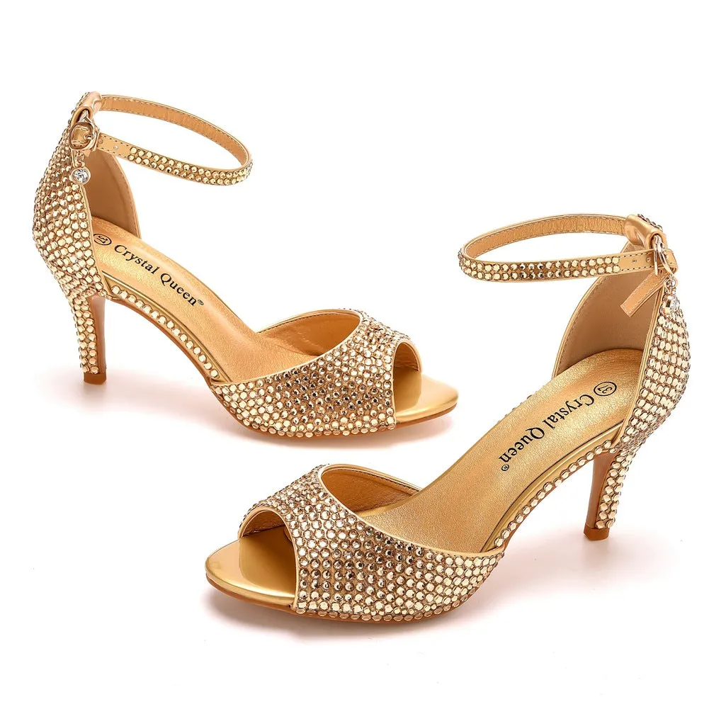 Rhinestone Shallow Peep Toe Ankle Strap High Heel Sandals