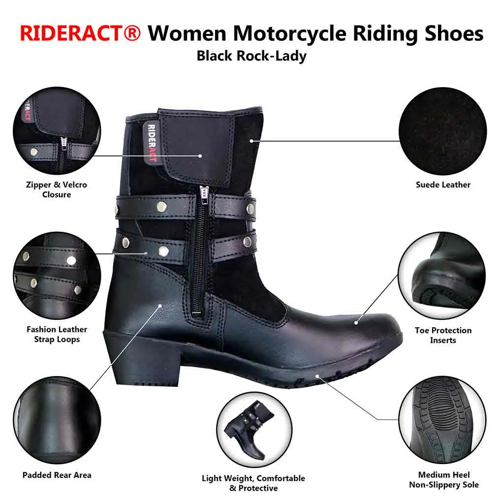 RIDERACT® Women Motorbike Boots Fashion Riding Lady Shoes Black Rock