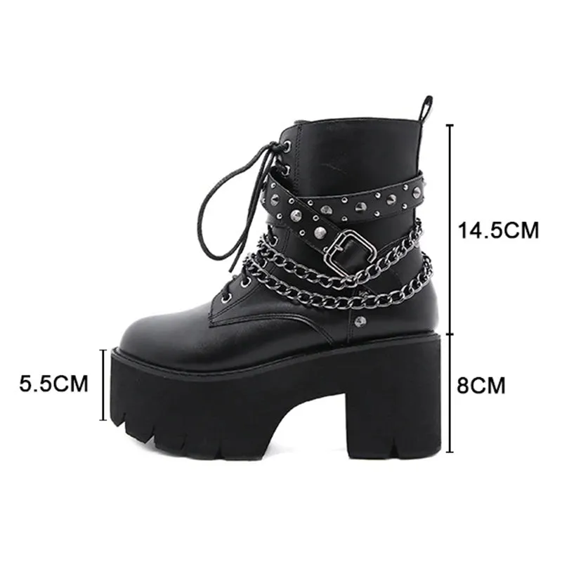 Rocking High Heel Zipper Lace-Up Rivets Chain Vegan Leather Ankle Boots