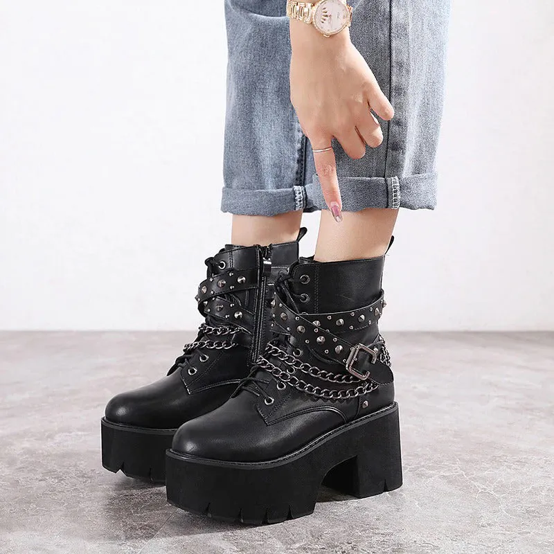 Rocking High Heel Zipper Lace-Up Rivets Chain Vegan Leather Ankle Boots