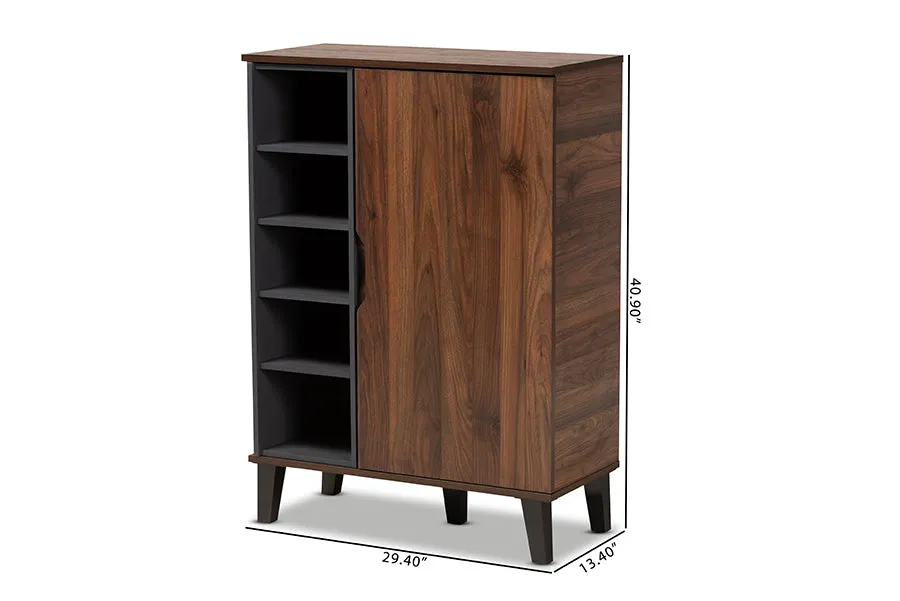 Roland Two-Tone Walnut Brown/Grey Finished Wood 1-Door Shoe Cabinet