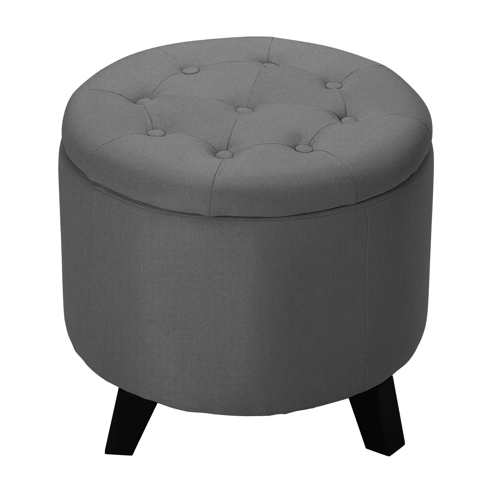 Round Grey Ottoman Storage Box Living Room Button-Tufted Footstool